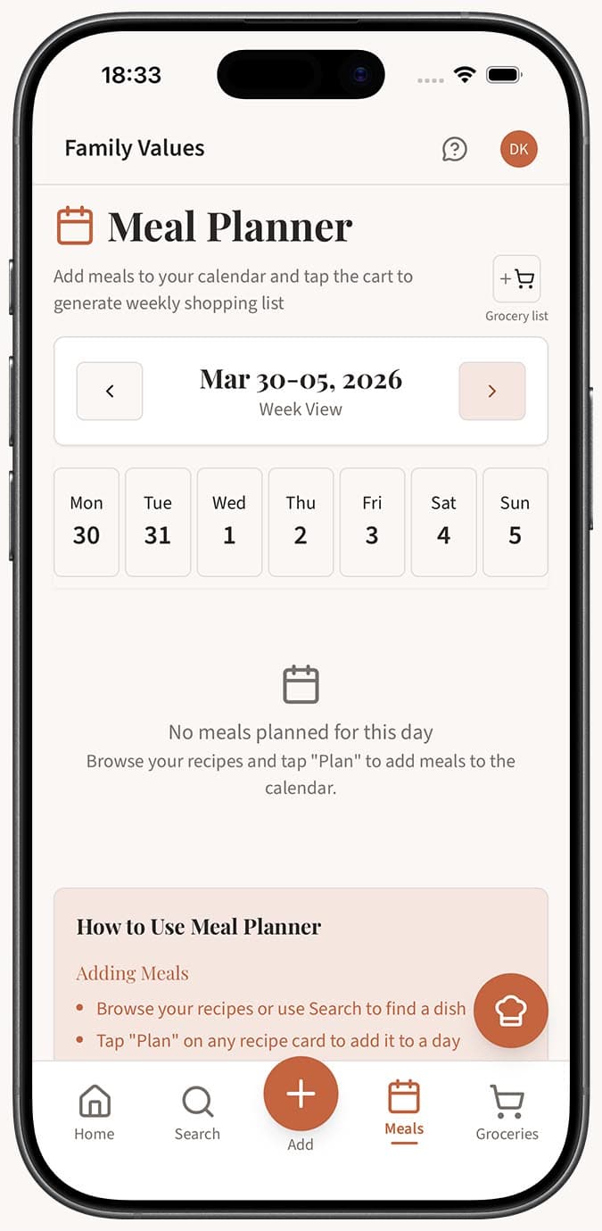 Le frecce di navigazione delle settimane nella parte superiore del calendario pasti, con la freccia destra evidenziata