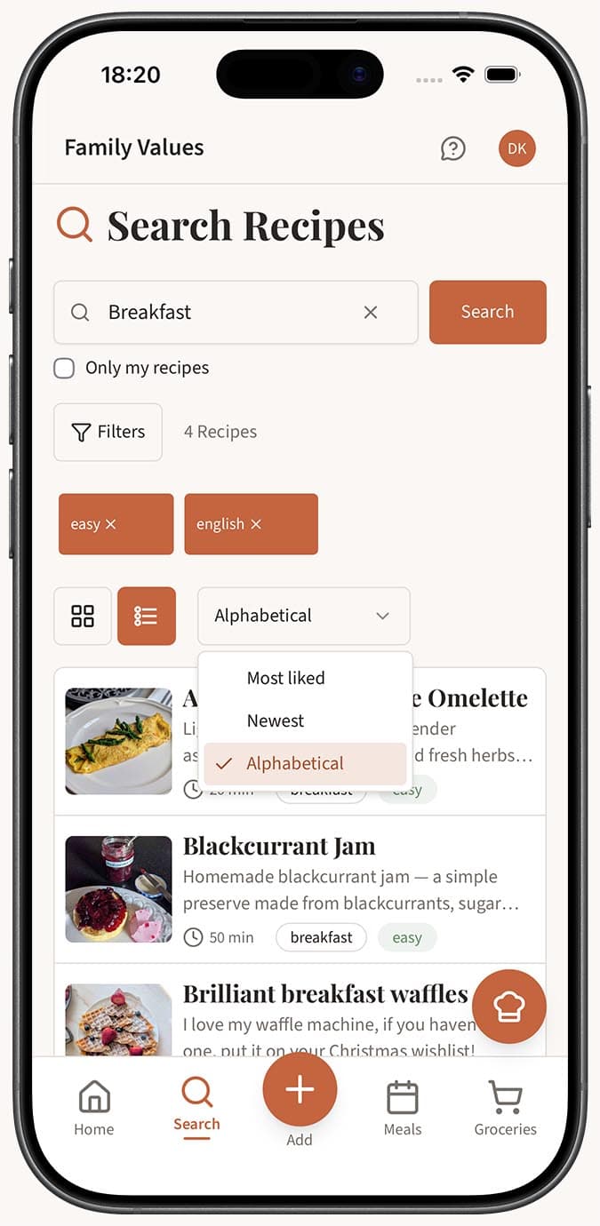 The sort dropdown on the search page showing Most Liked, Newest, and Alphabetical options